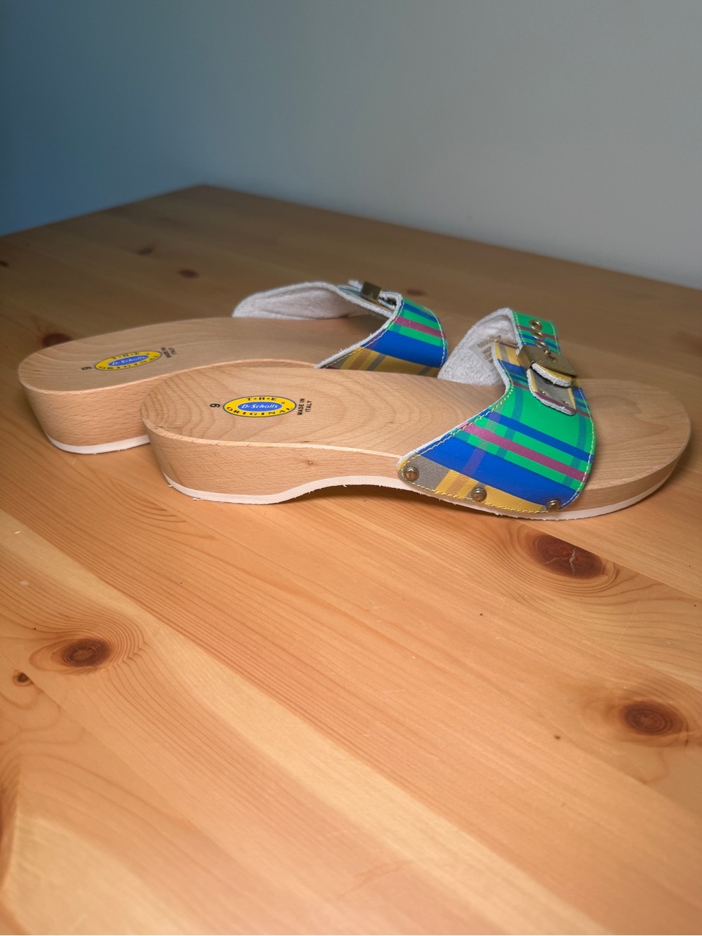 NEW Vintage Dr. Scholl’s Original Wooden Sandals Plaid Multi Color 9 - Picture 4 of 8